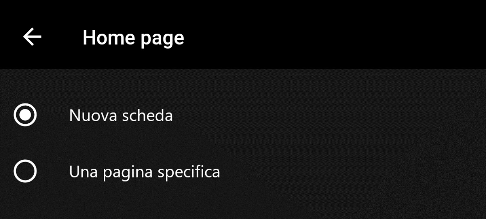 Microsoft Edge beta Android opzioni home page