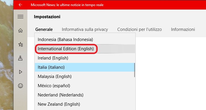 Microsoft News Windows 10 edizione internazionale inglese