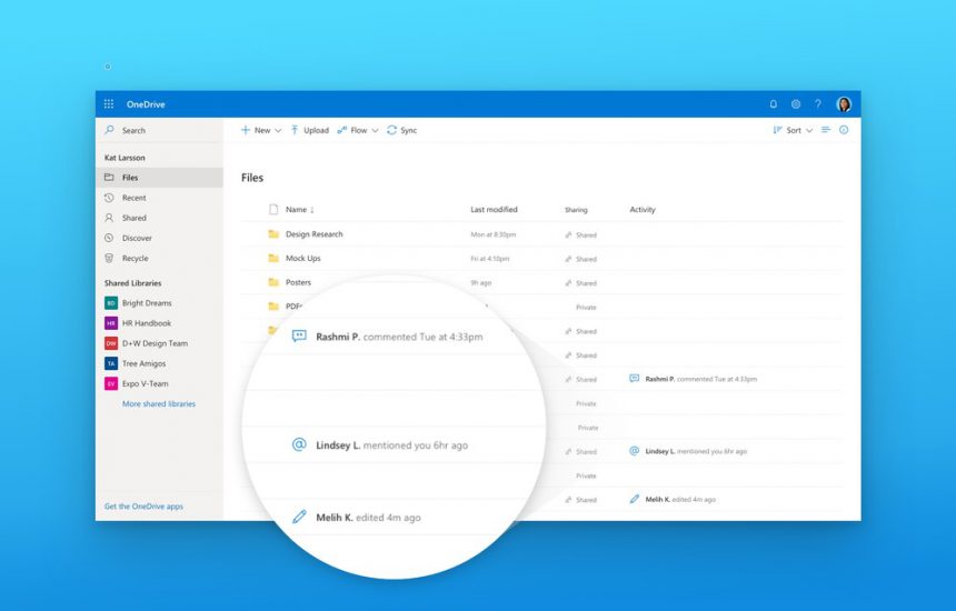 OneDrive redesign attivita modifiche commenti file