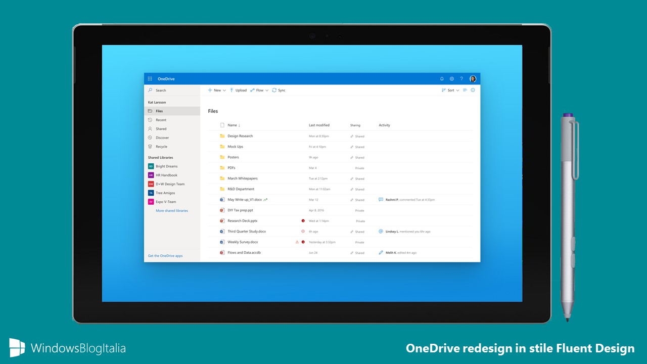OneDrive redesign interfaccia Fluent Design