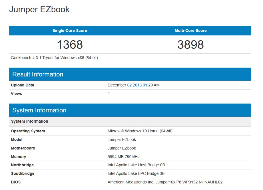 Prestazioni Geekbench 4 Jumper EZbook 3 Pro