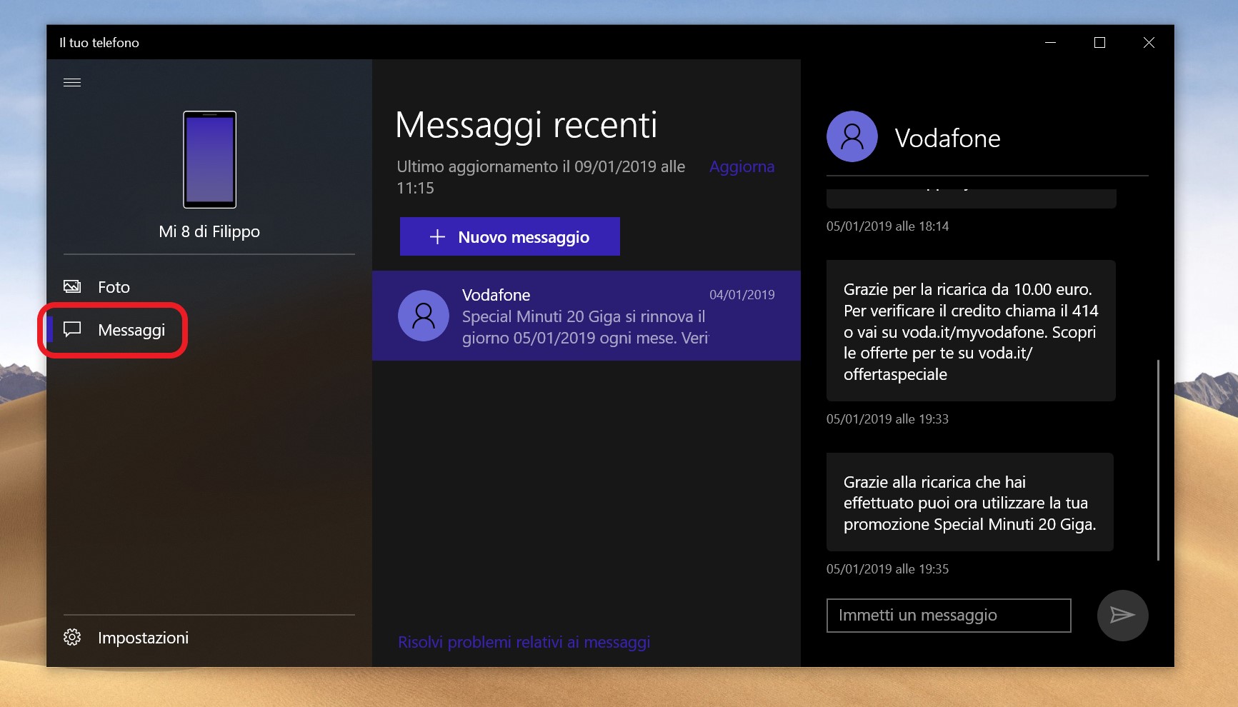 Il tuo telefono (Your Phone) Windows 10 messaggi
