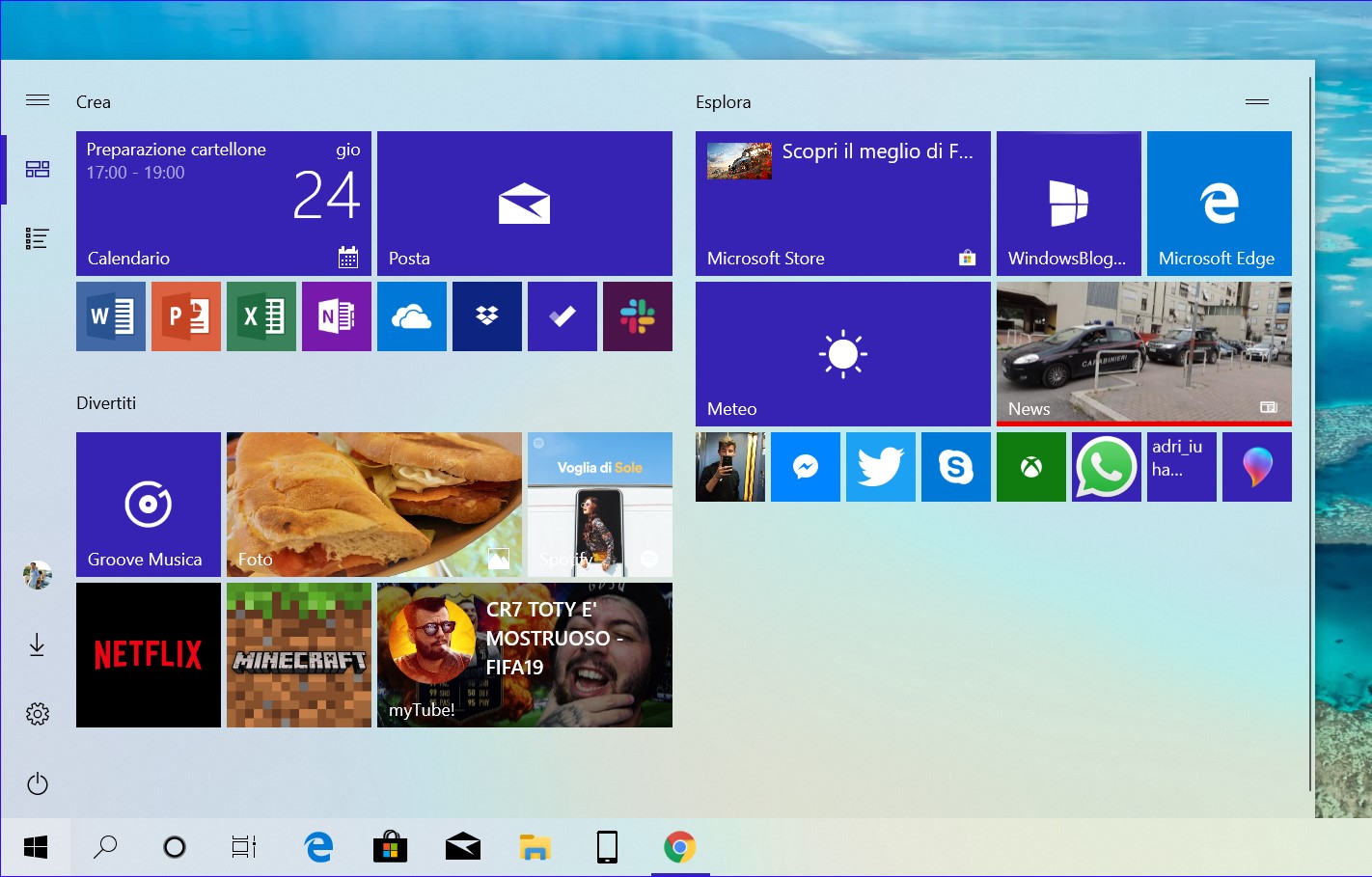 Menu Start Windows 10 19H1 tema chiaro live tile