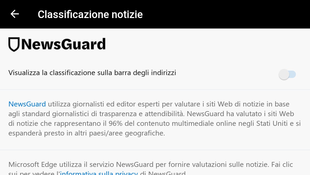 Microsoft Edge Android NewsGuard classificazione notizie