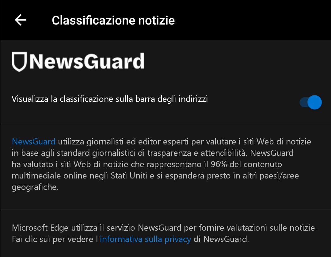 Microsoft Edge Android NewsGuard impostazioni classificazione notizie