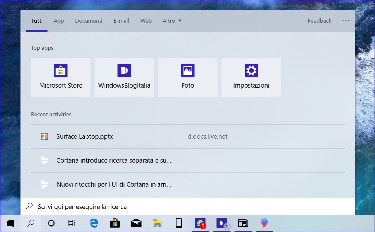 Nuova interfaccia ricerca Windows 10 19H1 top apps tema chiaro