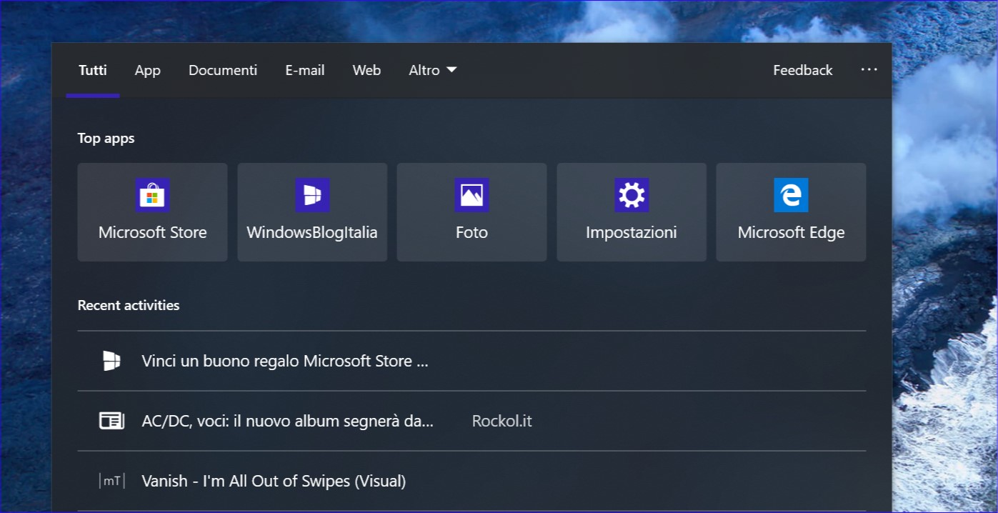 Nuova interfaccia ricerca Windows 10 19H1 top apps