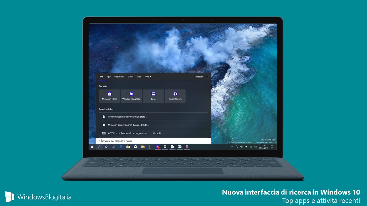 Nuova ui ricerca Windows 10 19H1 top apps attivita recenti