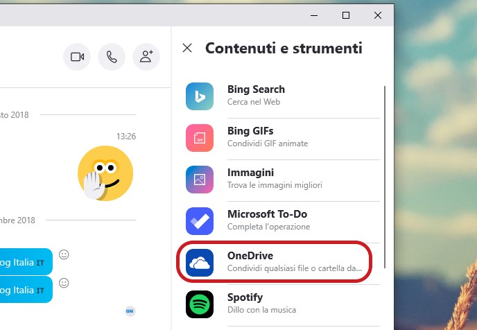 Skype Windows 10 contenuti e strumenti OneDrive