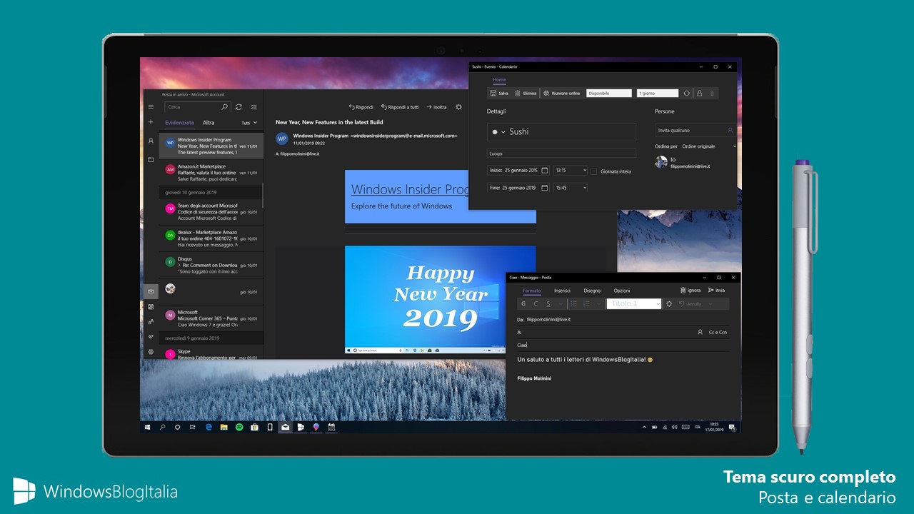 Tema scuro completo app Windows 10 Posta e Calendario