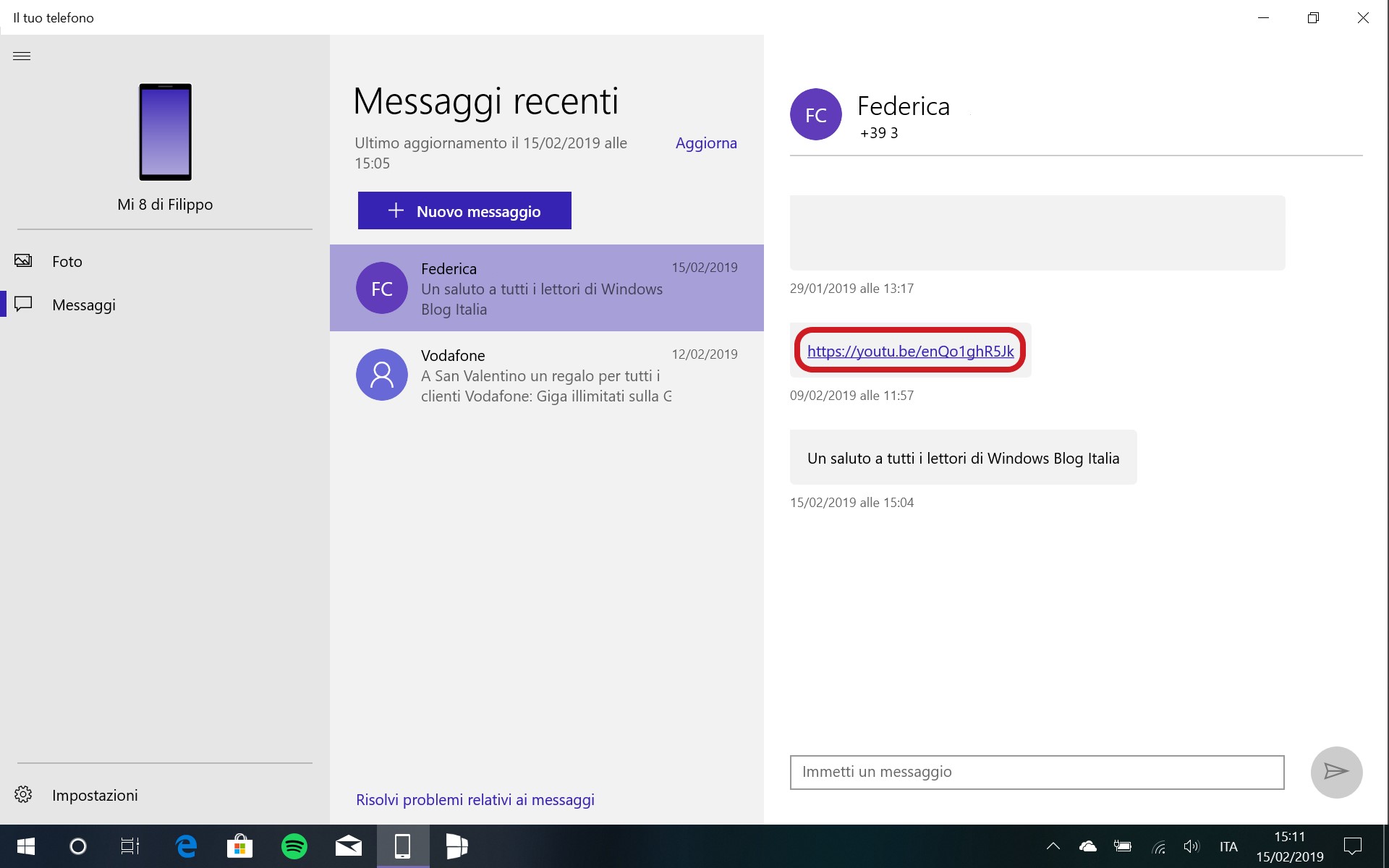 Il tuo telefono app Windows 10 hyperlink messaggi