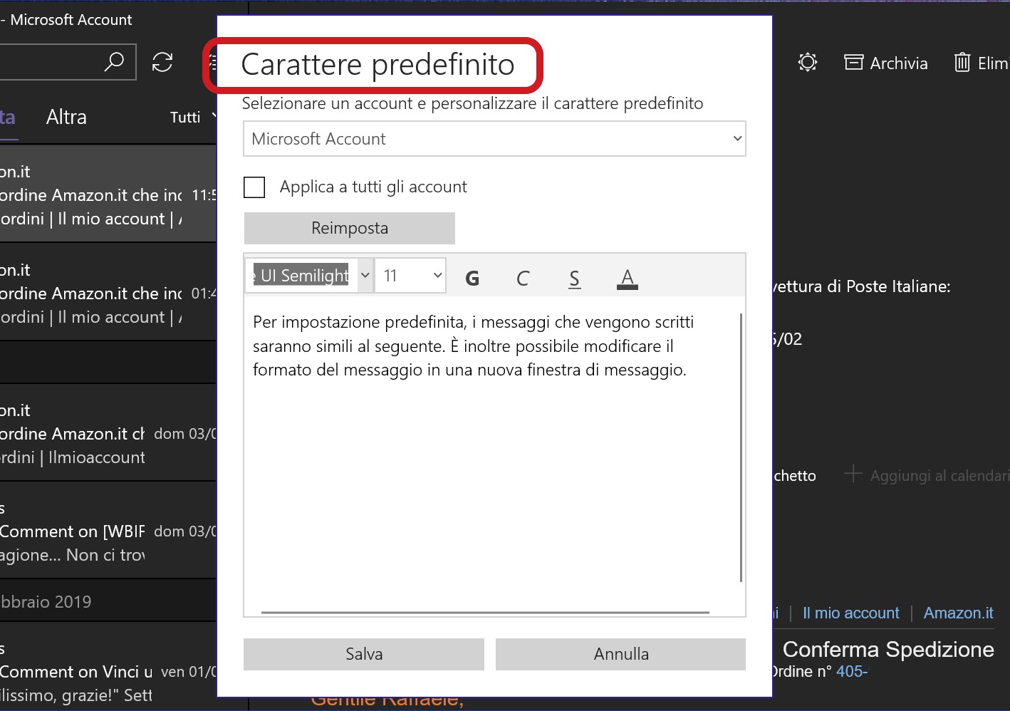 Posta e calendario Windows 10 carattere predefinito