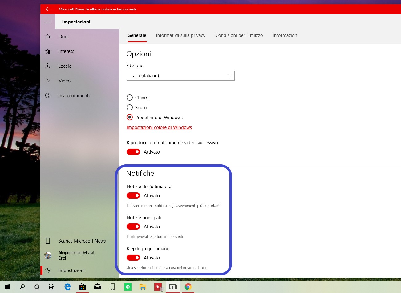 Microsoft News Windows 10 opzioni notifiche