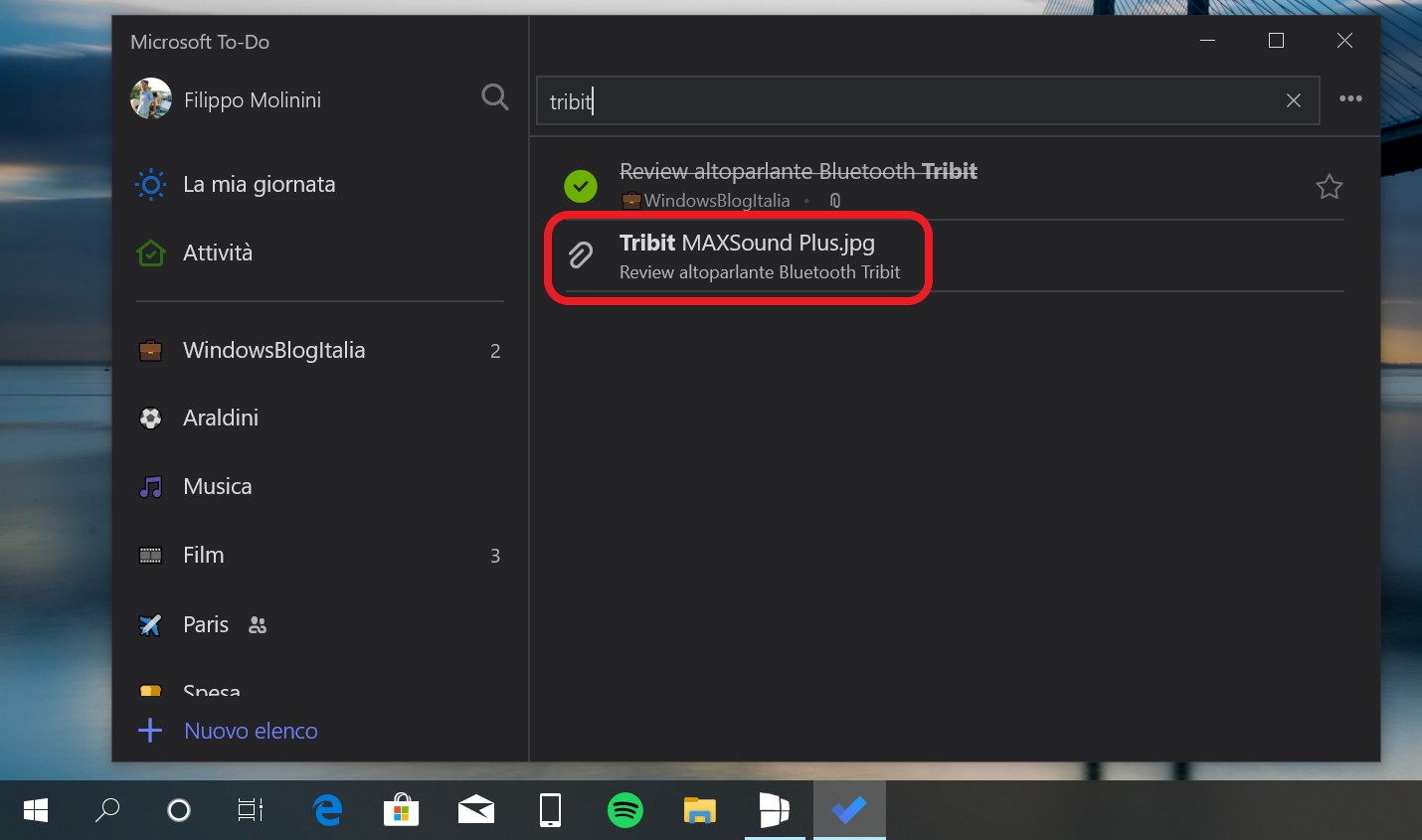 Microsoft To-Do Windows ricerca allegati