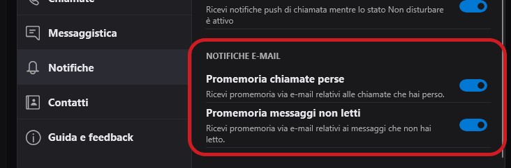 Skype Windows 10 notifiche e-mail promemoria