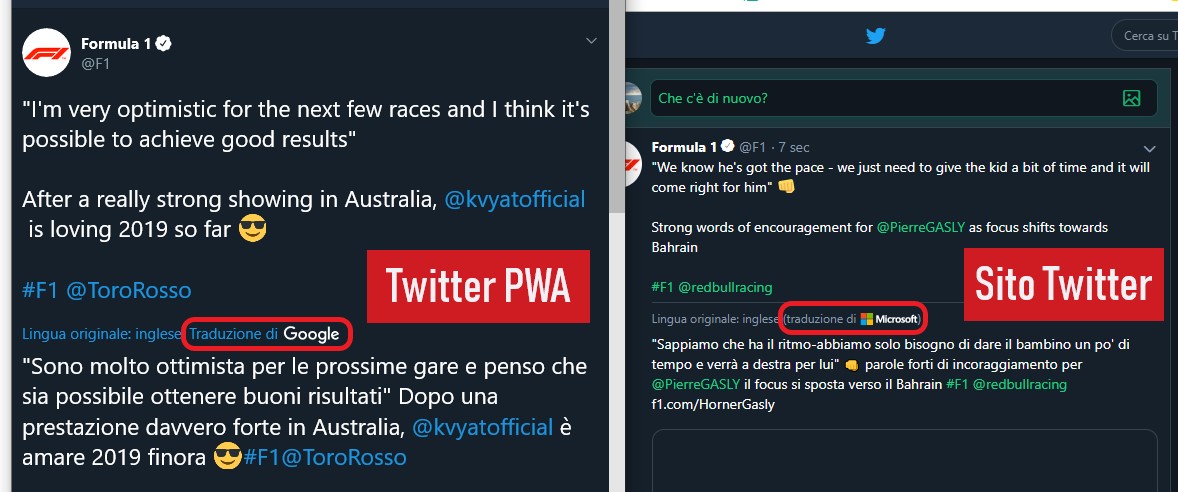 Twitter PWA Google Microsoft traduttore