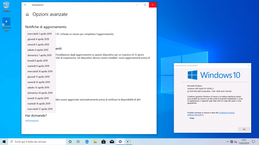 Windows 10 Home 19H1 pausa aggiornamenti 35 giorni WBI