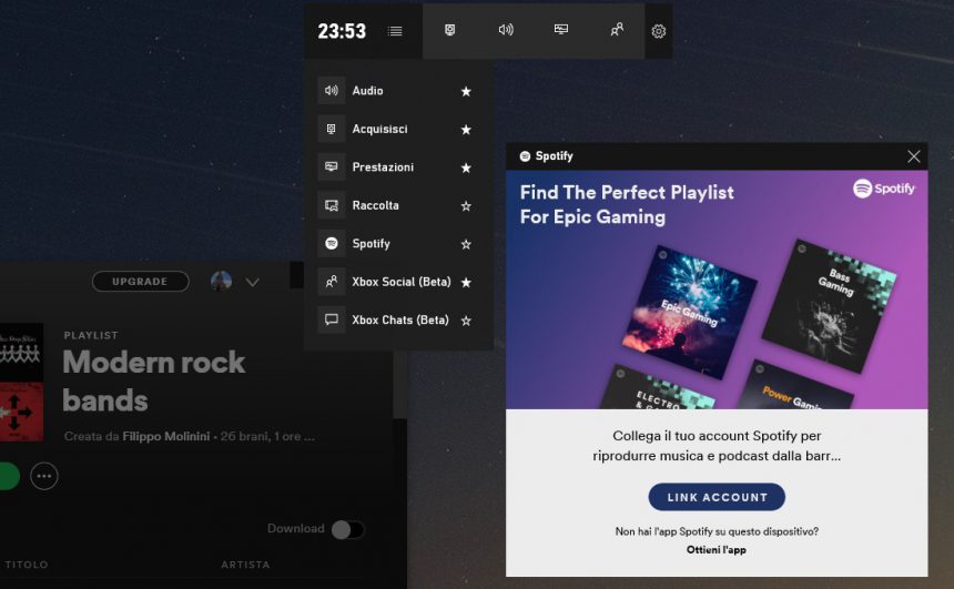 Barra di gioco Windows 10 integrazione Spotify