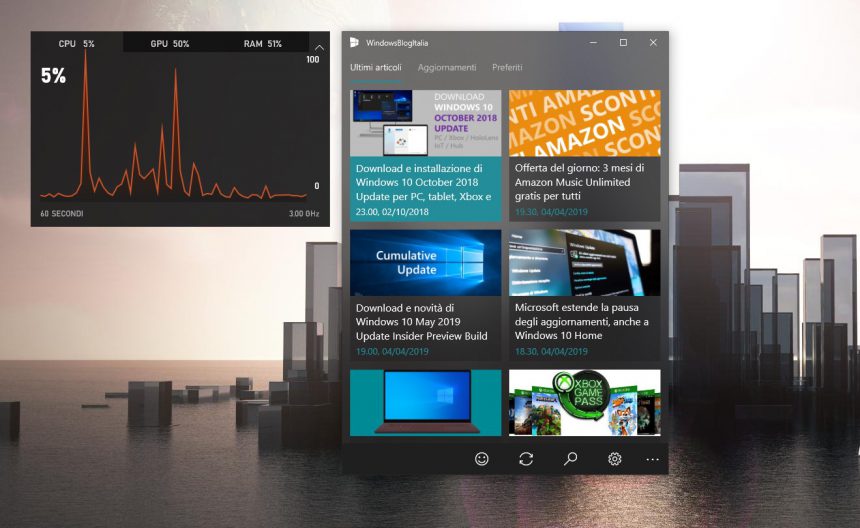 Barra di gioco Windows 10 widget prestazioni