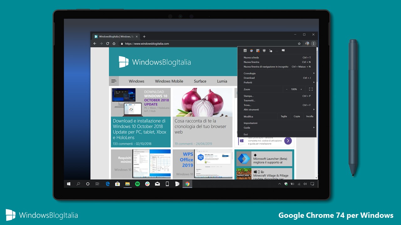 Google Chrome 74 Windows 10 tema scuro