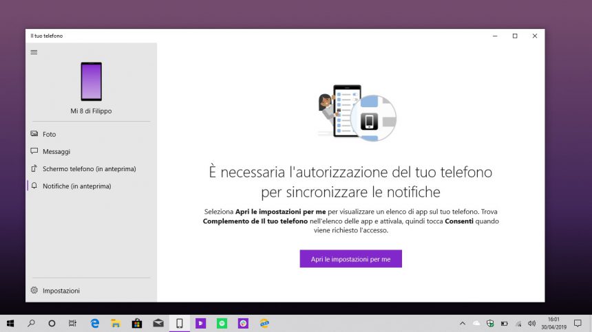 Il tuo telefono Windows 10 sincronizzazione notifiche autorizzazione