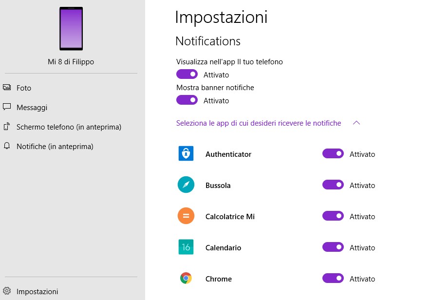 Il tuo telefono Windows 10 sincronizzazione notifiche impostazioni