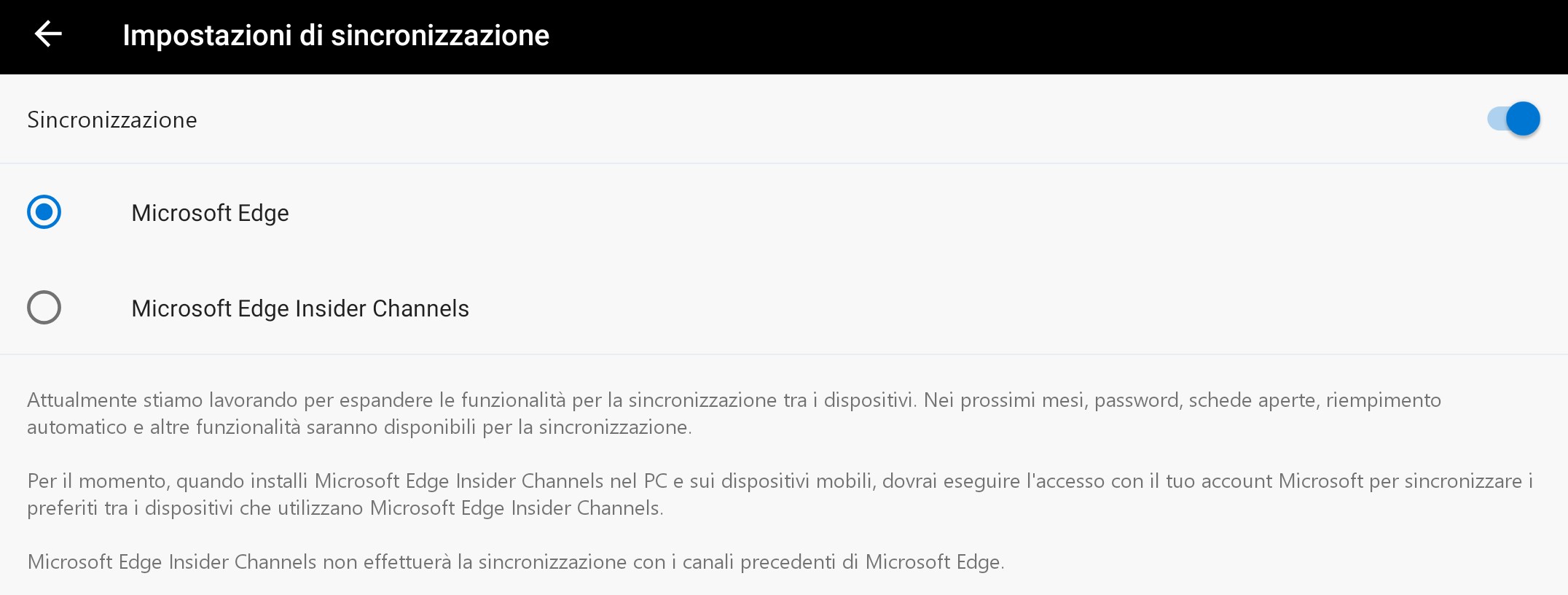 Microsoft Edge Beta per Android sincronizzazione