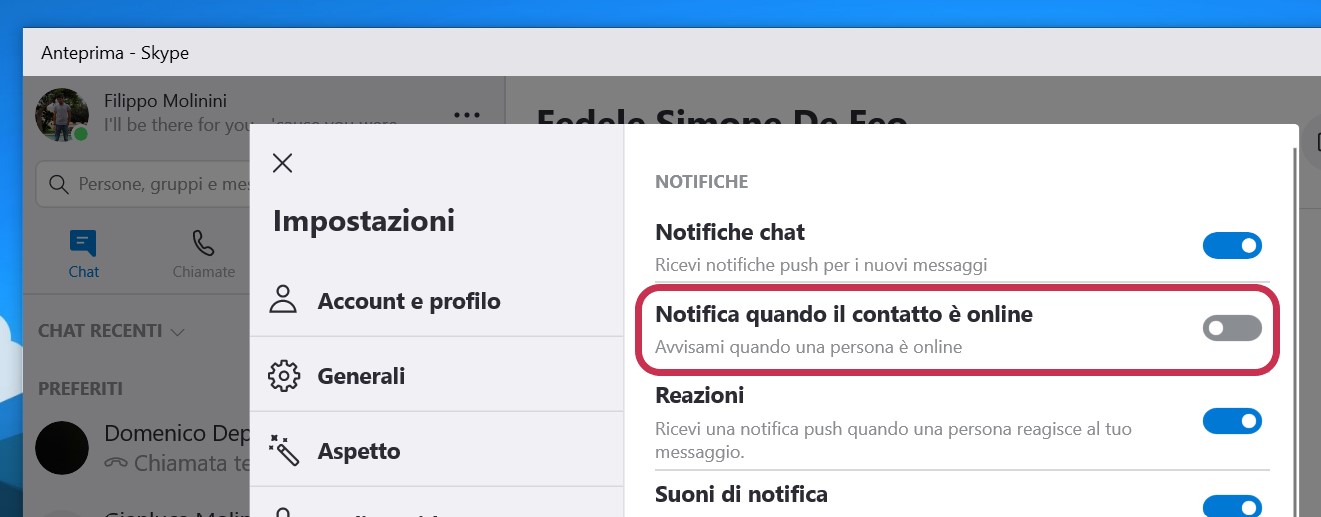 Skype Preview Windows 10 impostazione notifica contatti online
