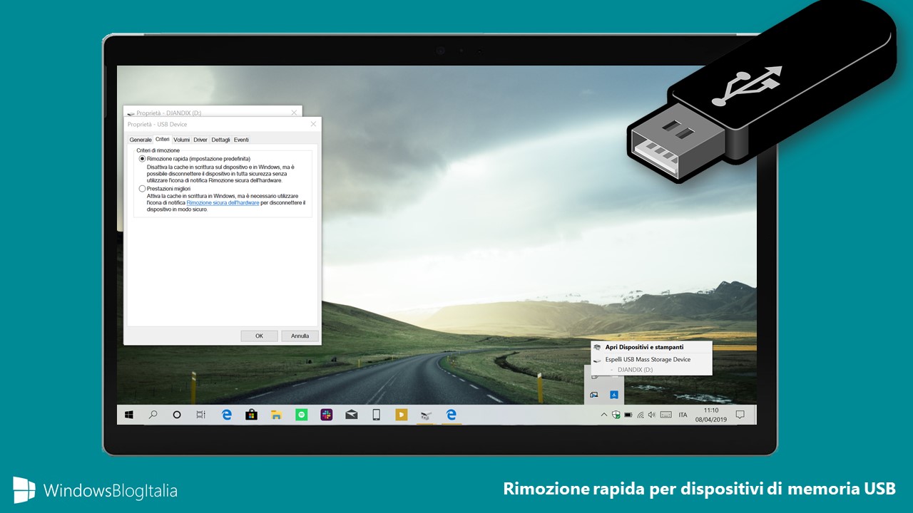 Windows 10 1809 gestione esplusione dispositivi memoria USB esterni