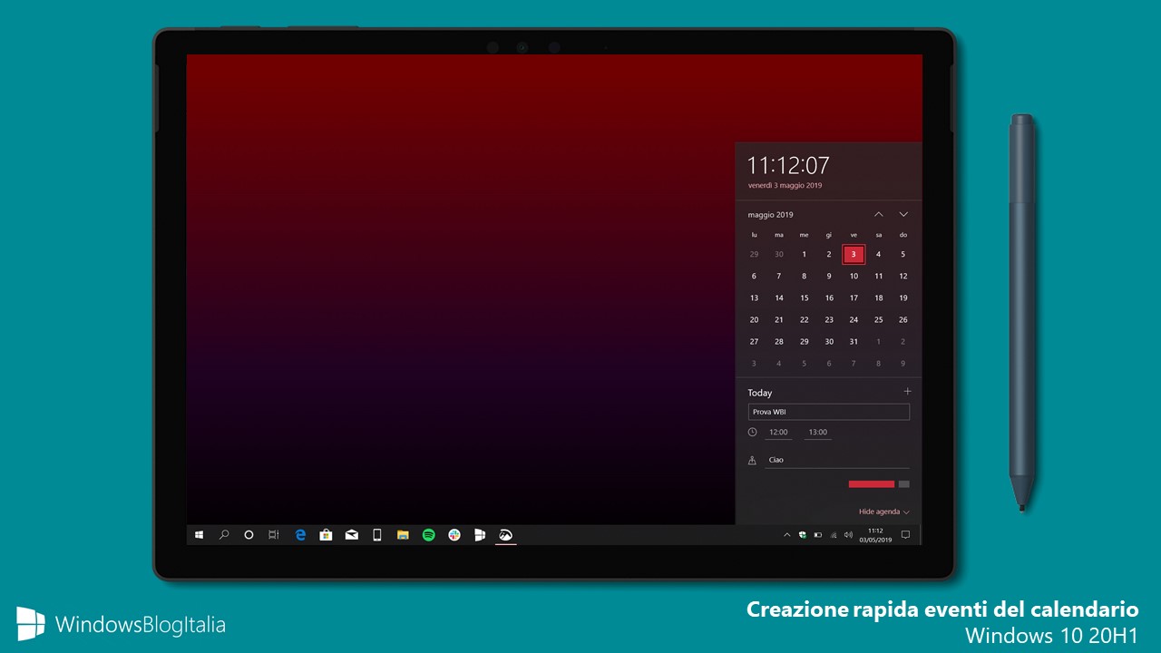 Creazione rapida eventi calendario Windows 10
