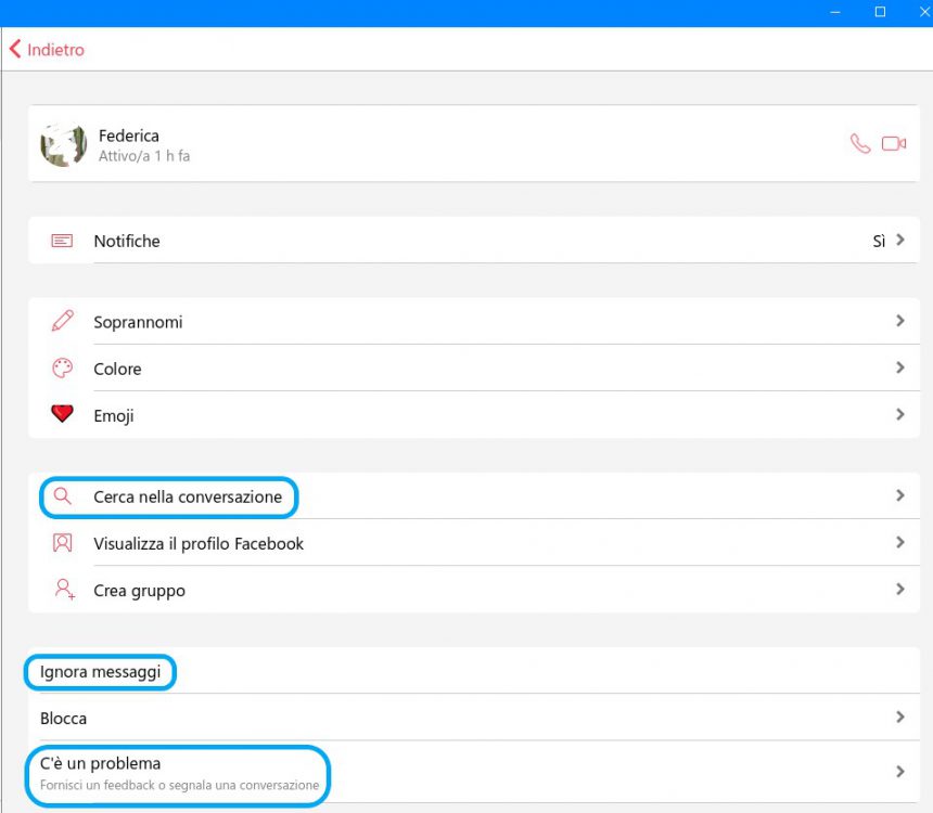 Messenger Windows 10 nuove opzioni profilo