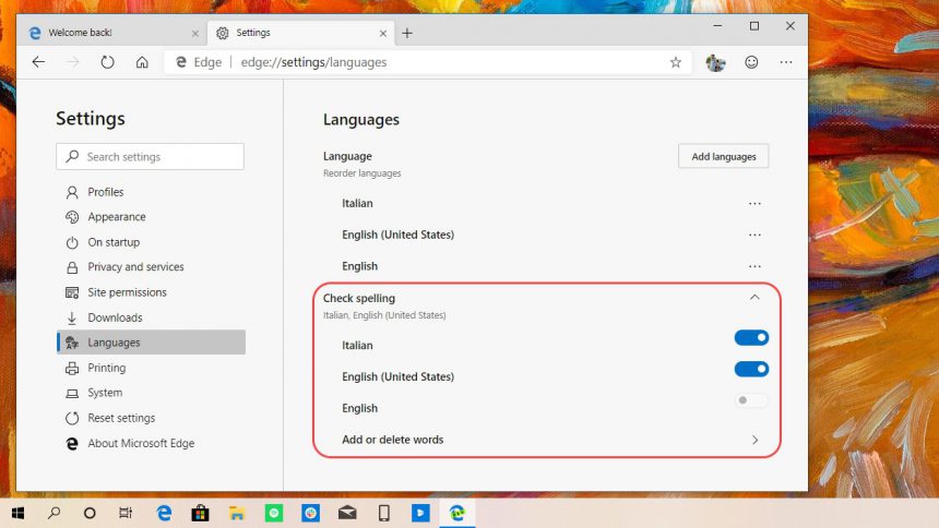 Microsoft Edge Dev controllo ortografico