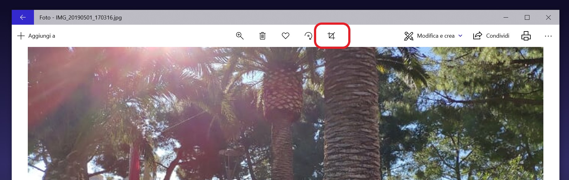 Microsoft Foto pulsante ritaglia appbar