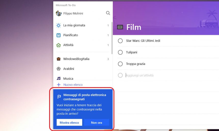Microsoft To-Do Windows 10 messaggi di posta elettronica contrassegnati pop-up