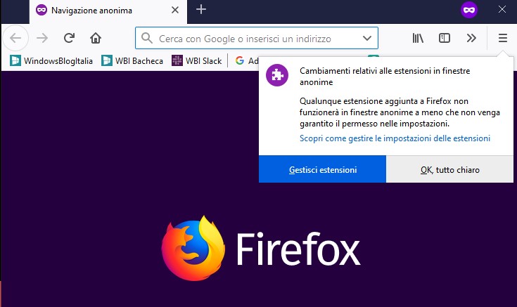Mozilla Firefox 67 componenti aggiuntivi nelle schede in incognito
