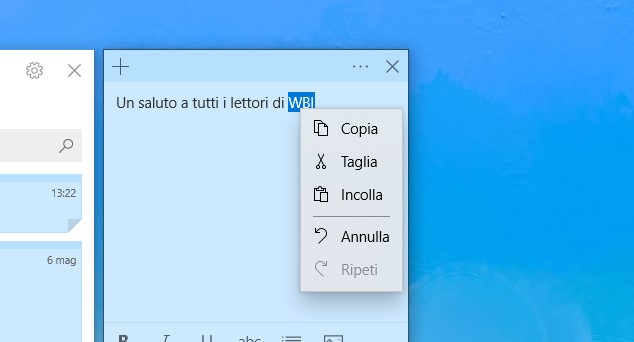 Sticky Notes Windows 10 icone menu contestuale