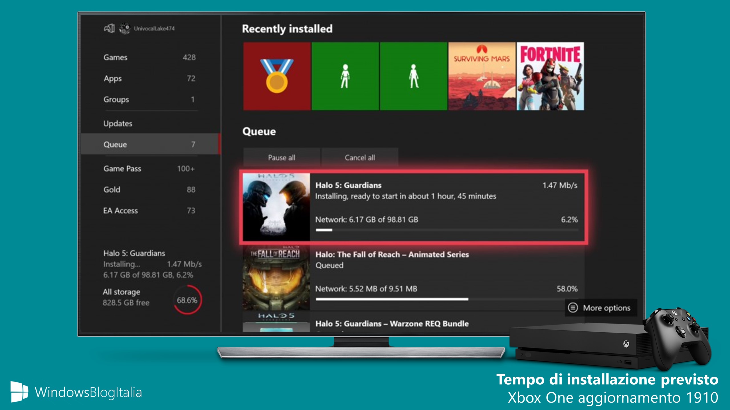 Tempo di installazione previsto Xbox One 1910