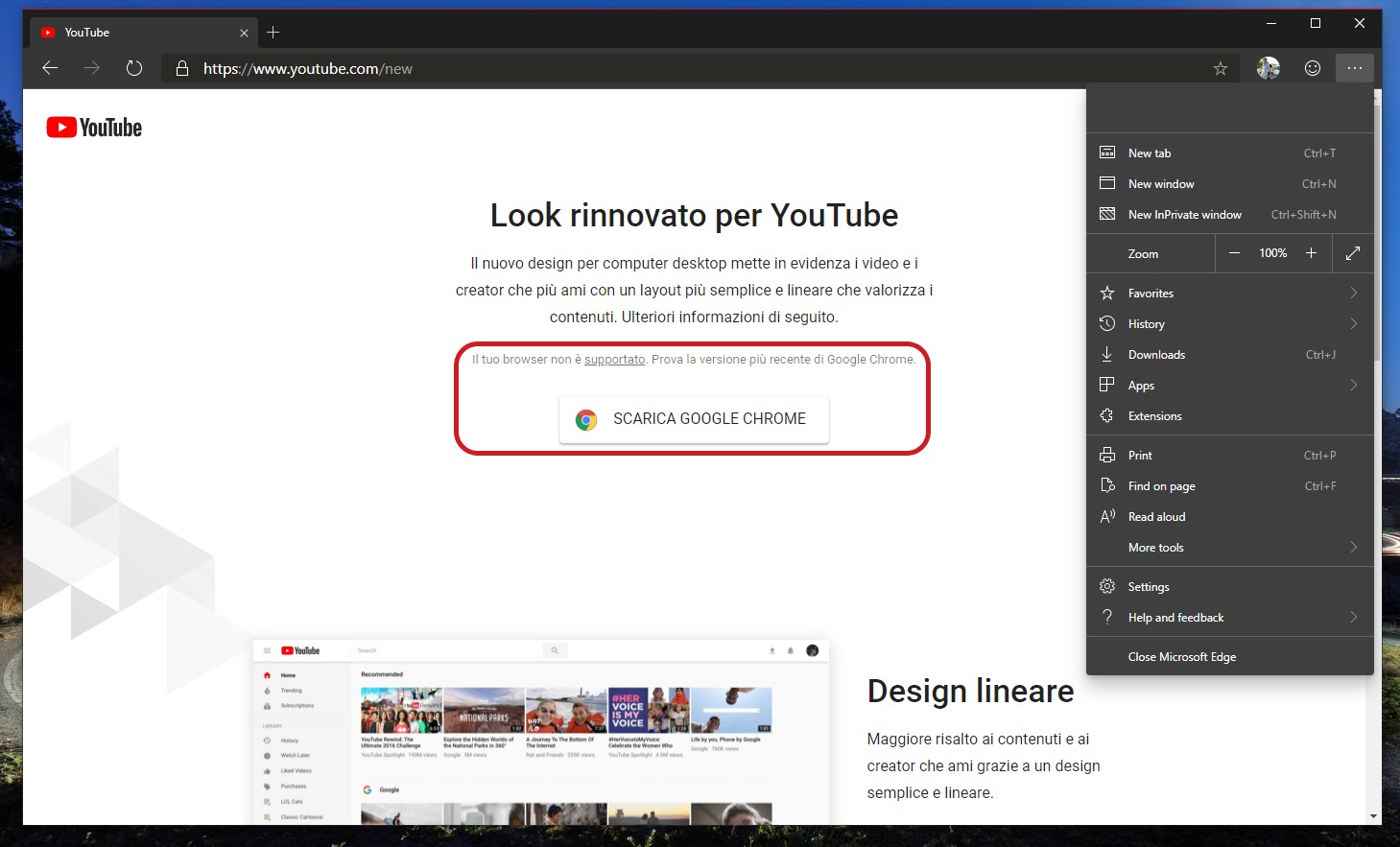 YouTube browser non supportato nuovo Microsoft Edge