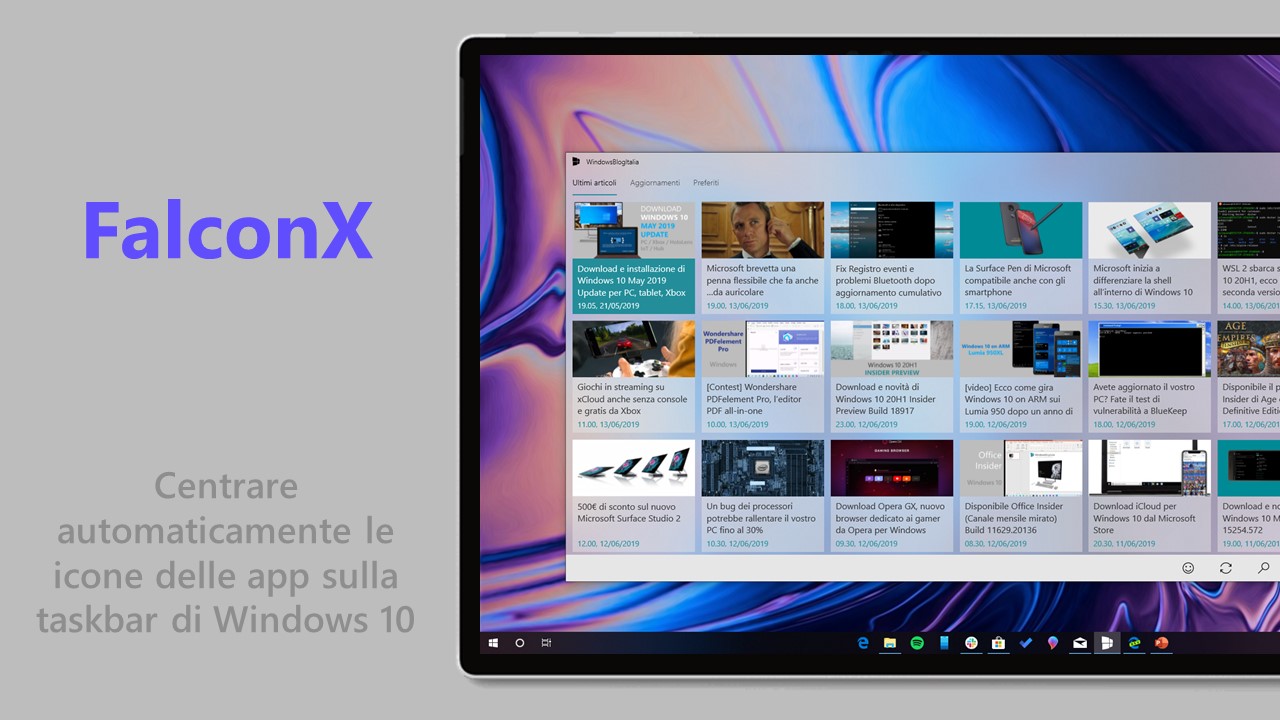 Centrare icone taskbar Windows 10 FalconX