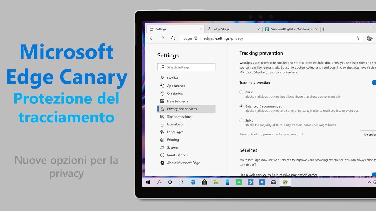 Microsoft Edge Canary nuove opzioni privacy antitracciamento