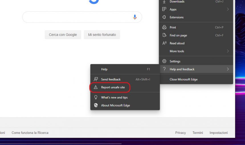 Microsoft Edge Dev riporta sito non sicuro