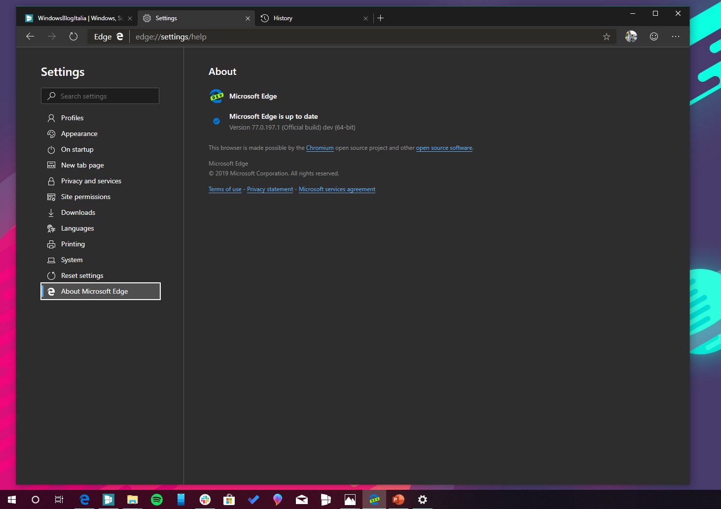 Microsoft Edge Dev tema scuro migliorato pagine di sistema