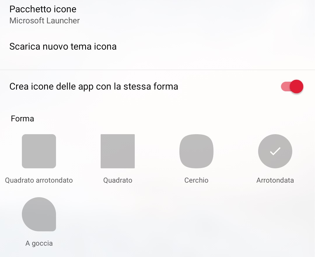 Microsoft Launcher 5.6 opzione forma icone