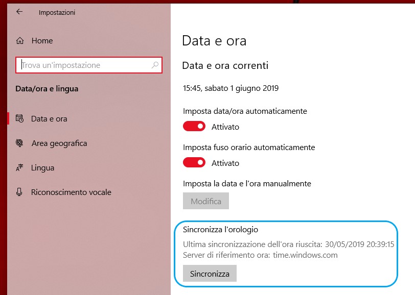 Sincronizza orologio Windows 10 May 2019 Update