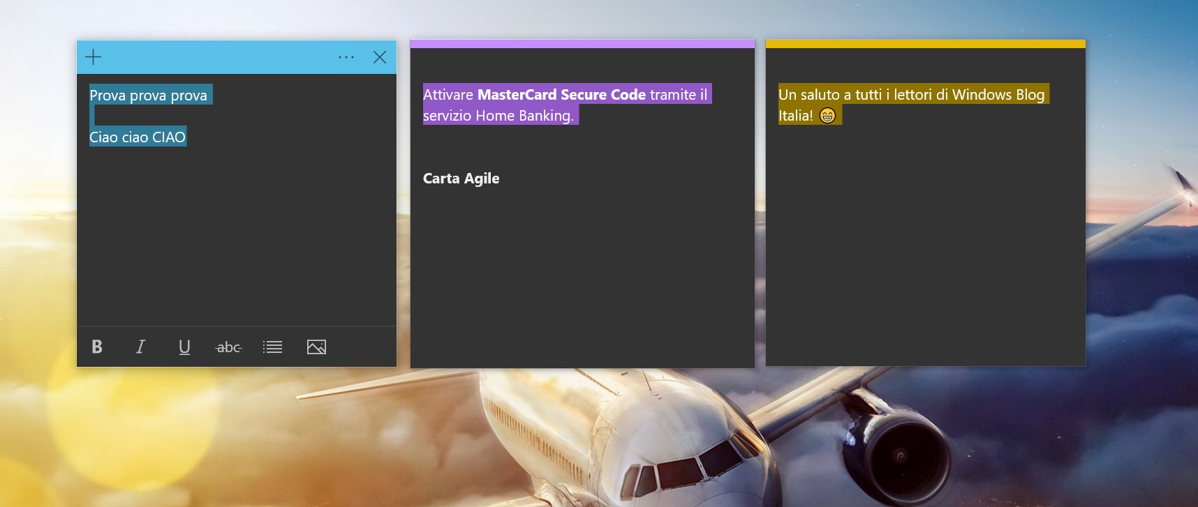 Sticky Notes Windows 10 selezione testo colorata