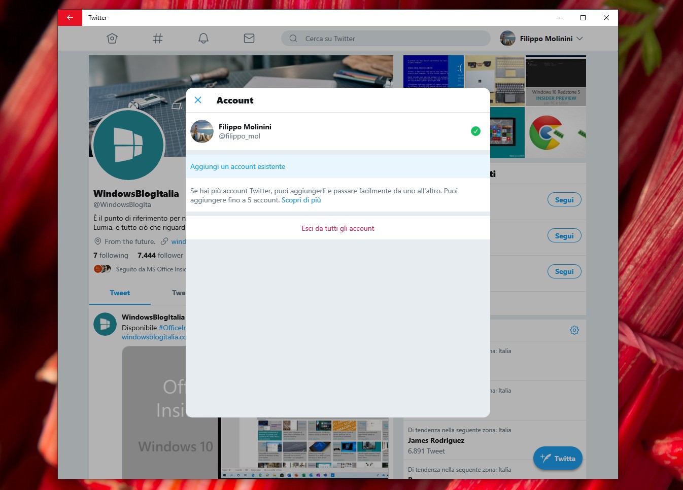 Twitter PWA su Windows 10 account multipli