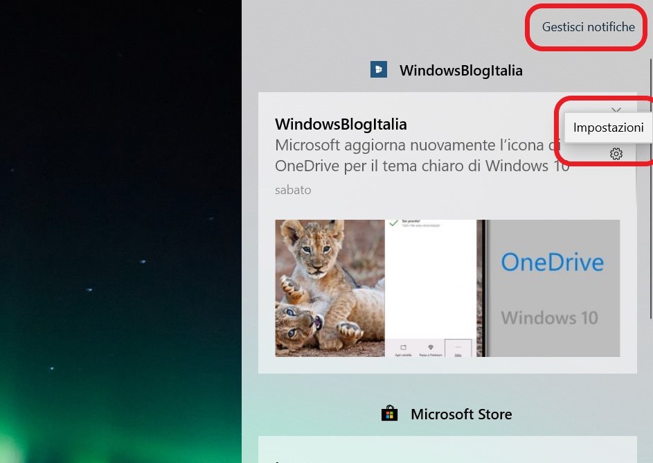 Windows 10 20H1 opzione gestisci notifiche centro notifiche