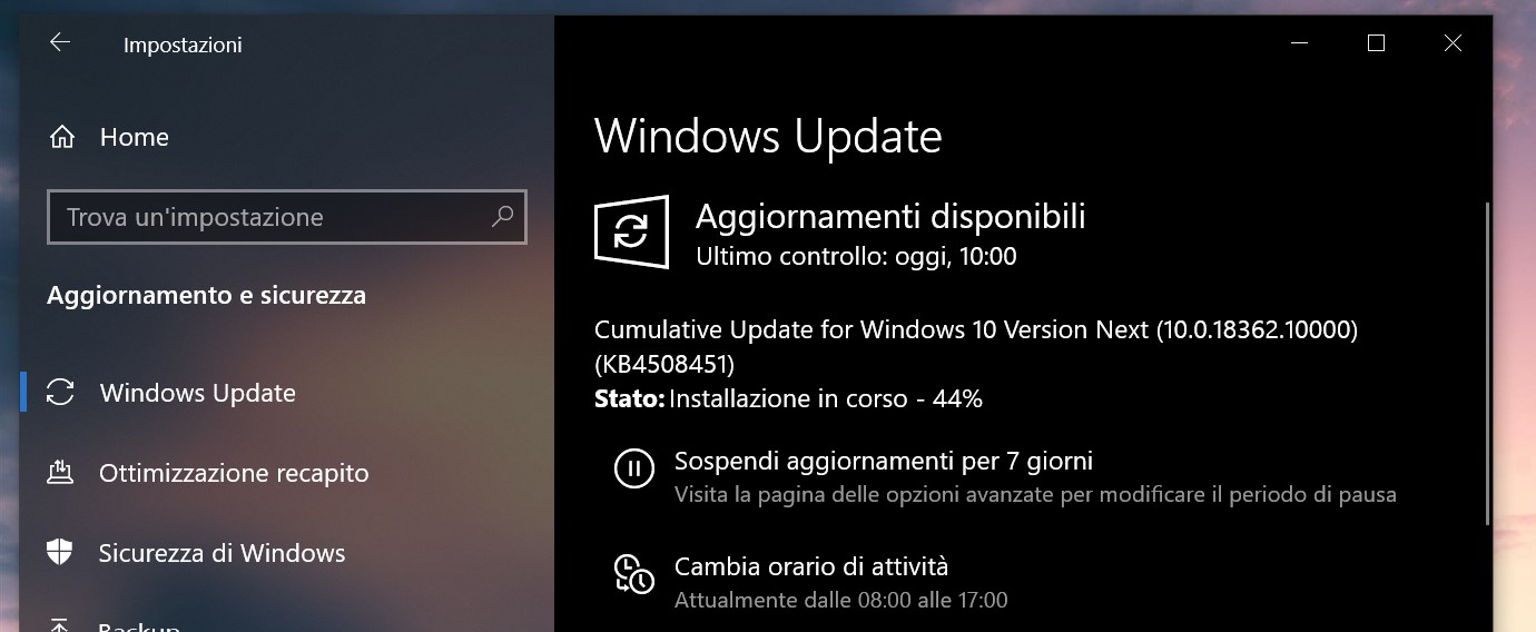 Aggiornamento 19H2 cumulativo Windows 10