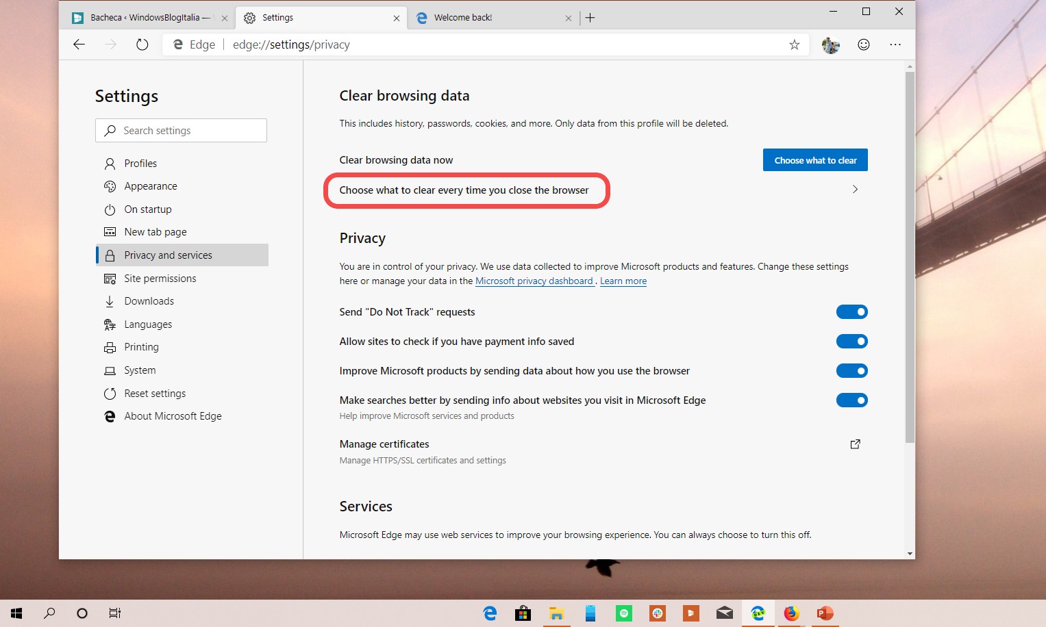 Microsoft Edge Dev cancellazione cronologia in uscita