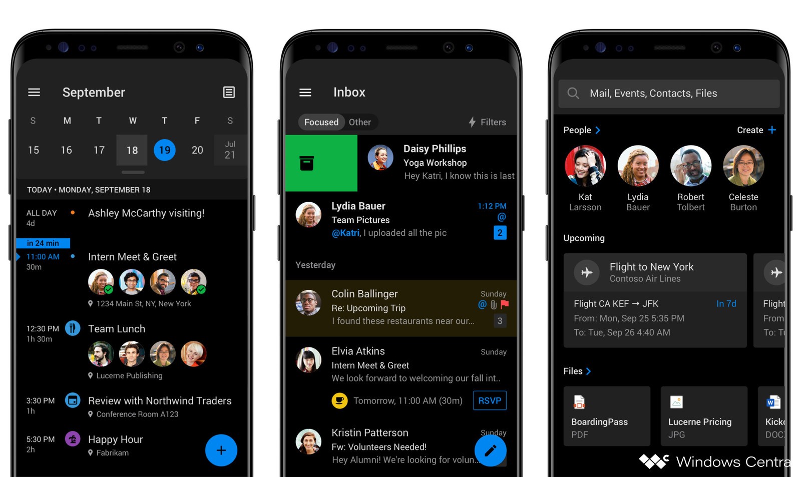 Microsoft Outlook per Android tema scuro mockup